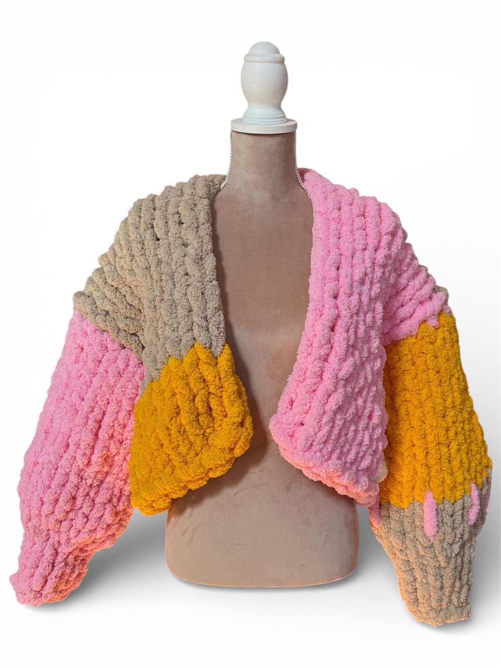Colorblock Plush Cropped Cardigan - Pink, Mustard & Taupe